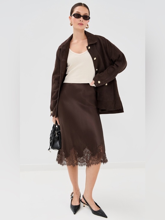 Reformation Dresses & Skirts - Reformation Lace Hem Midi Silk Skirt Satiny Eco Designer Quiet Luxury Preppy